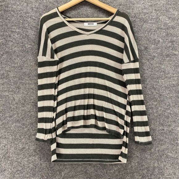 Mod Sweater Pullover Women S Small Black Striped Knit V-Neck Long Sleeve Casual - Picture 1 of 9